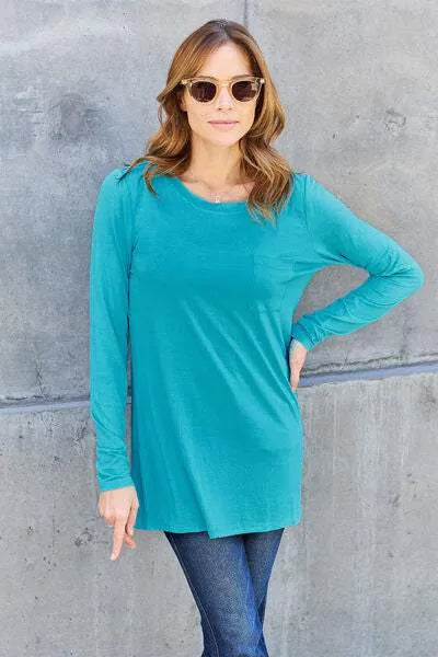 Basic Bae Full Size Round Neck Long Sleeve Top Azure Blouses - Tophatter Daily Deals